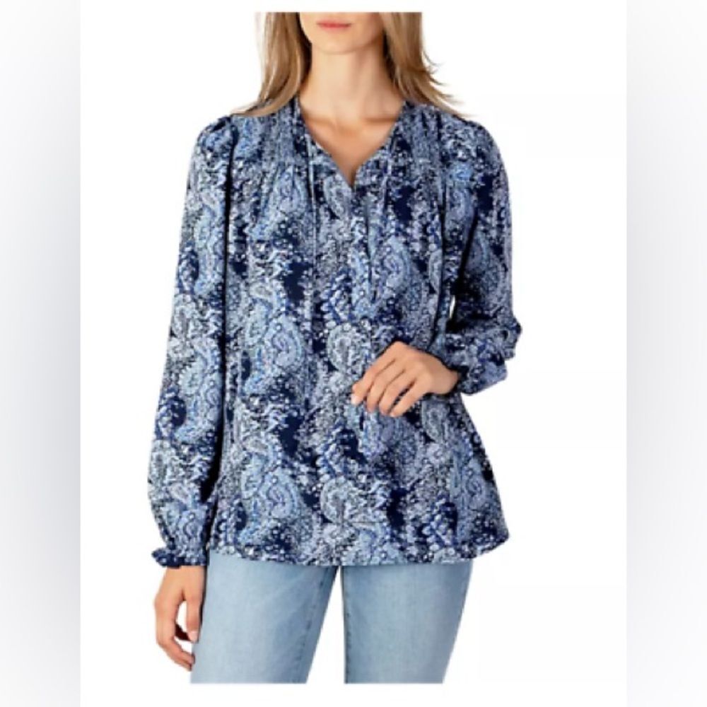 Joie Navy Blue Parisian Paisley Peasant Long Sleeve Blouse Boho Top Sz XXL